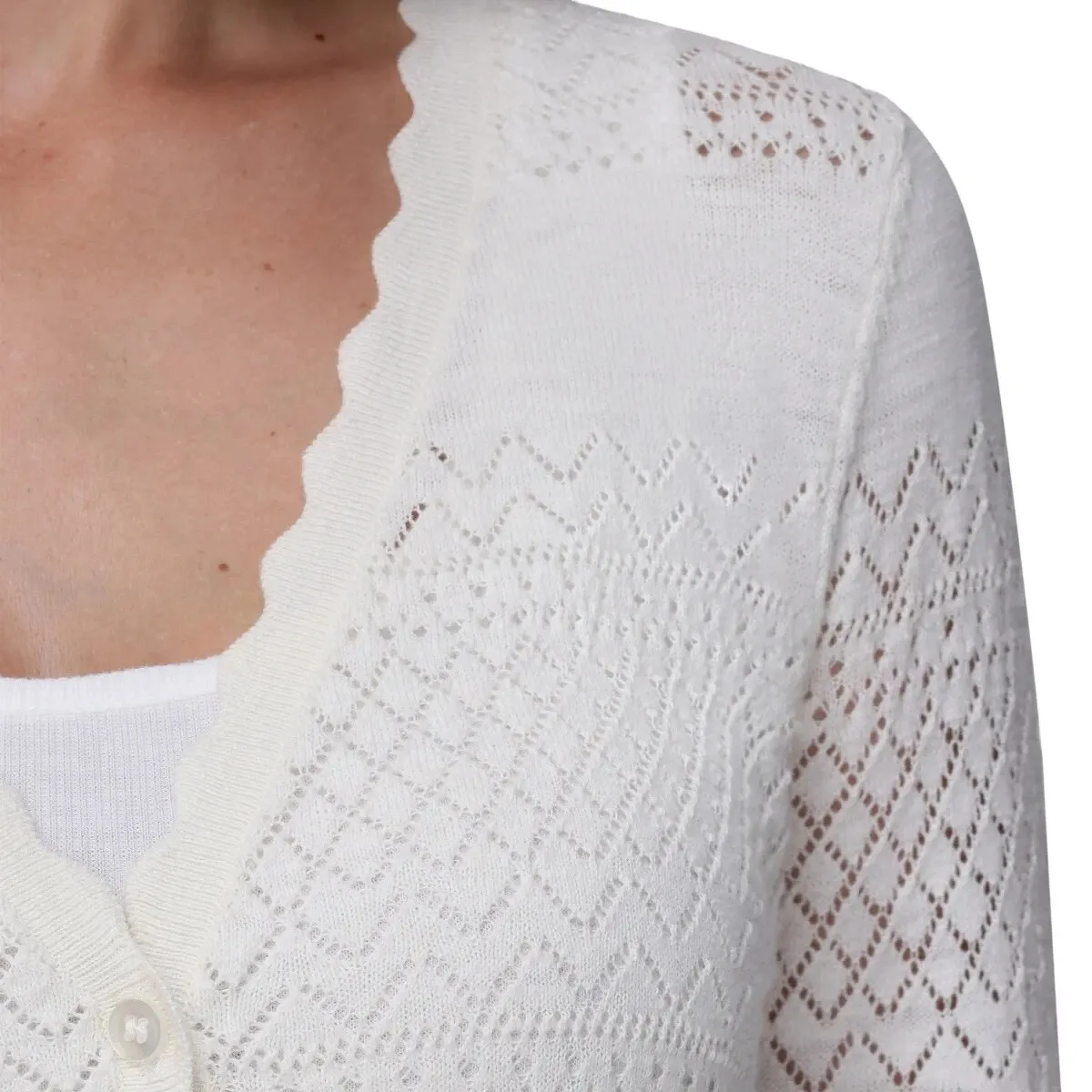 FRYE Womens Cardigan Sweater Knit Open Front Cream XL Lace Detail Scalloped - Image 2