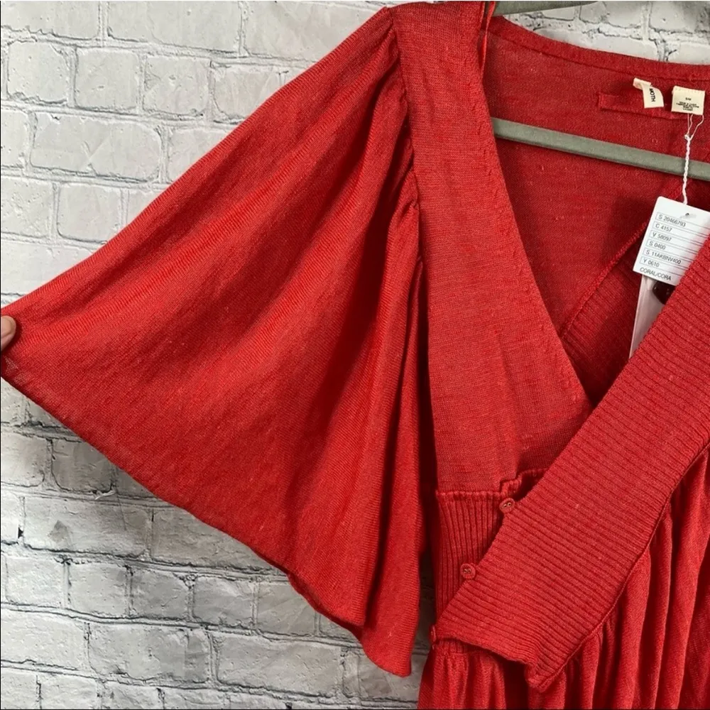 Anthropologie Moth Taupo Coral Red Asymmetrical Ruffle Kimono Cardigan Sweater - Image 51