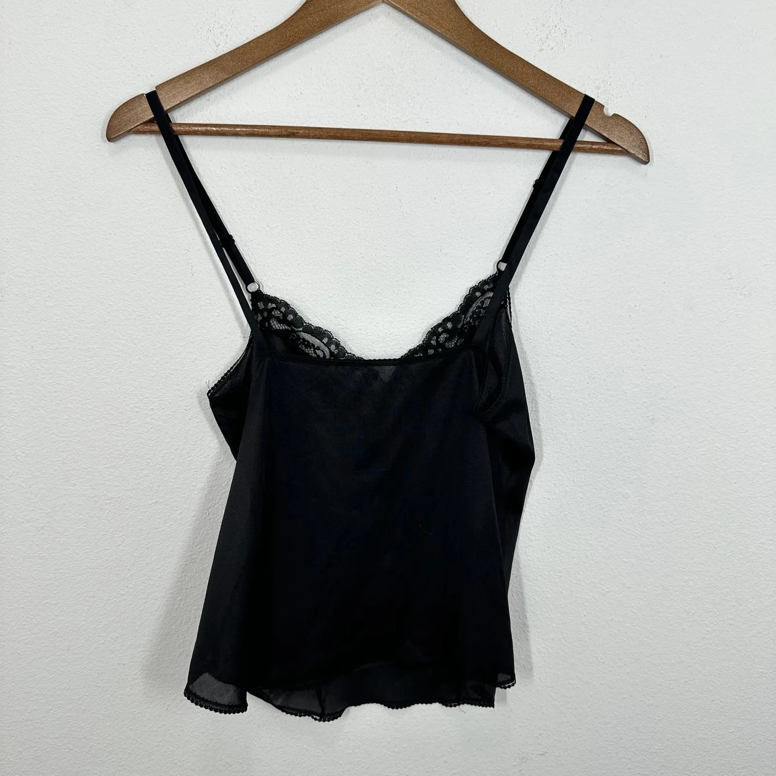 Vintage‎ Black Lace Trimmed Satin Slip Camisole Top Adjustable Straps Delicate - Image 5