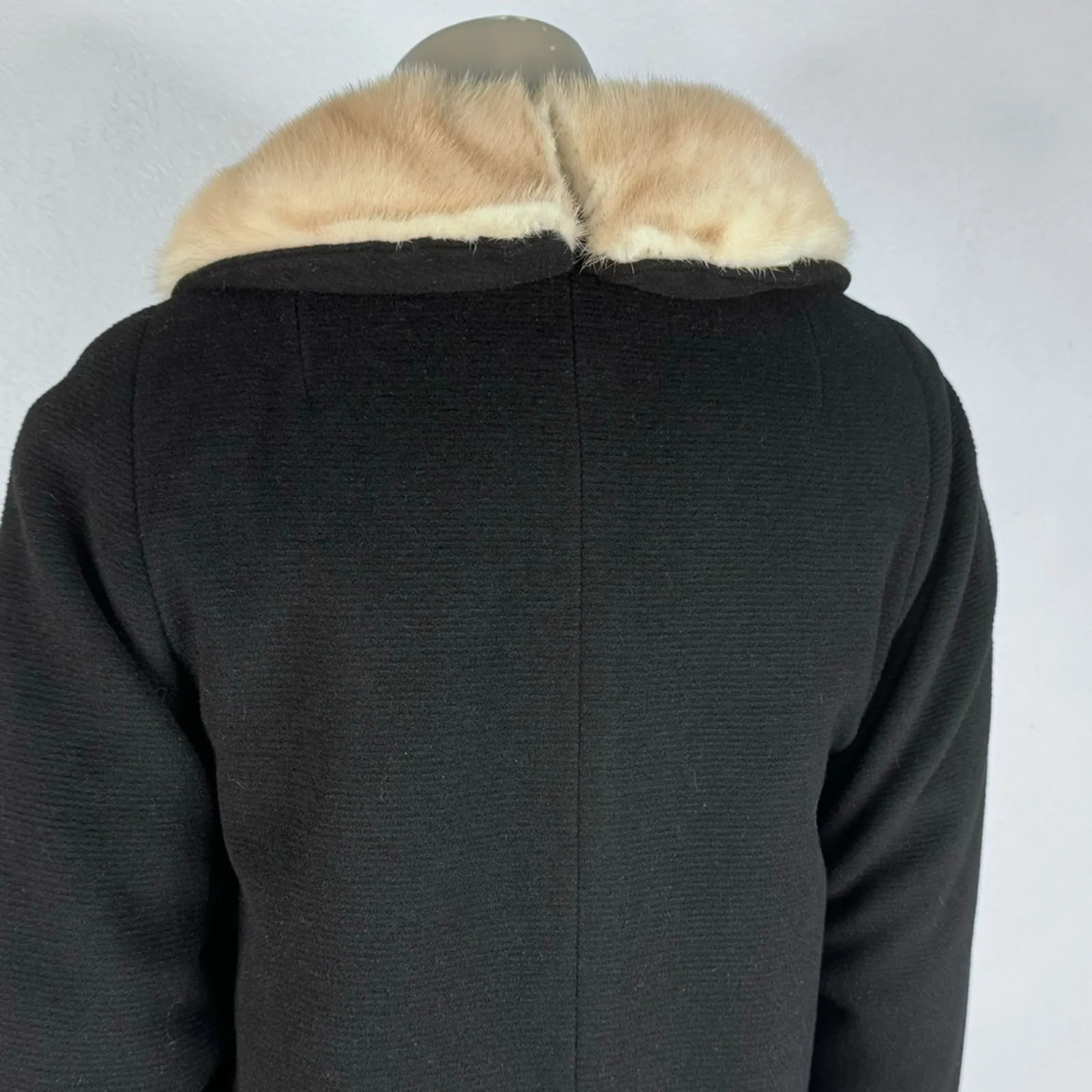 Vintage 50s 60s Wool Swing Coat Fur Collar Black Old Hollywood Glam Medium - Image 5