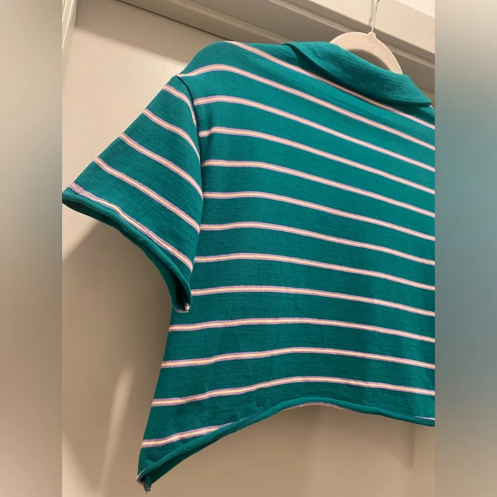 Forever 21 F21 Teal Blue & Light Purple Striped Short Sleeve Crop Polo Shirt XS - Image 8