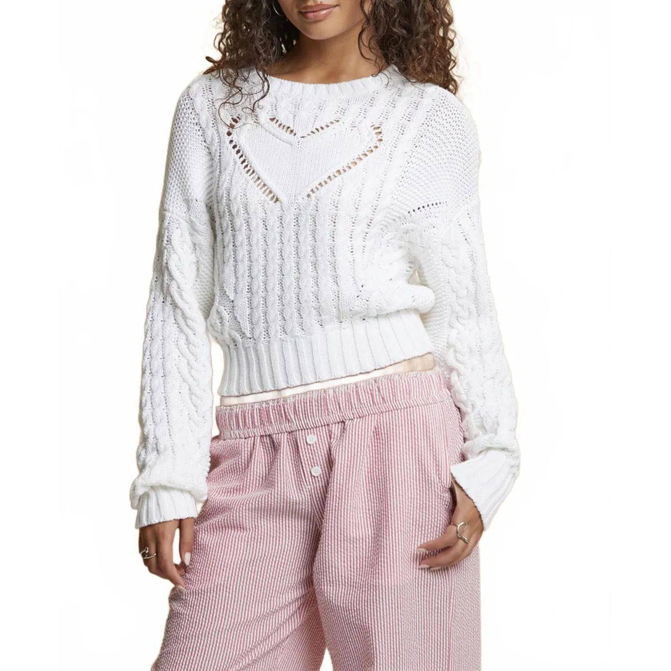 PacSun Cotton Beverly and Beck Heart Cable Knit Crew Neck Sweater White NWT XXL - Image 4
