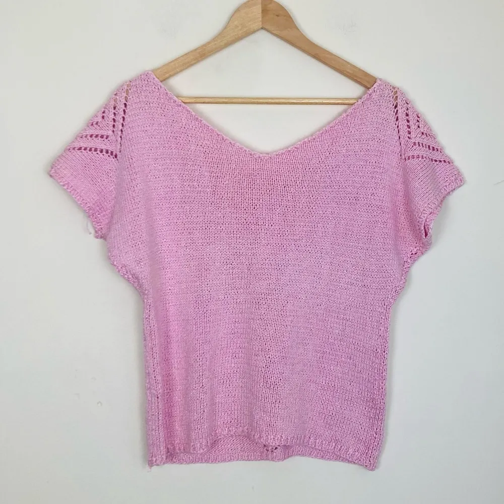 Vintage petal pink short sleeve sweater top with diamond open weave in front. M Size M - Image 3