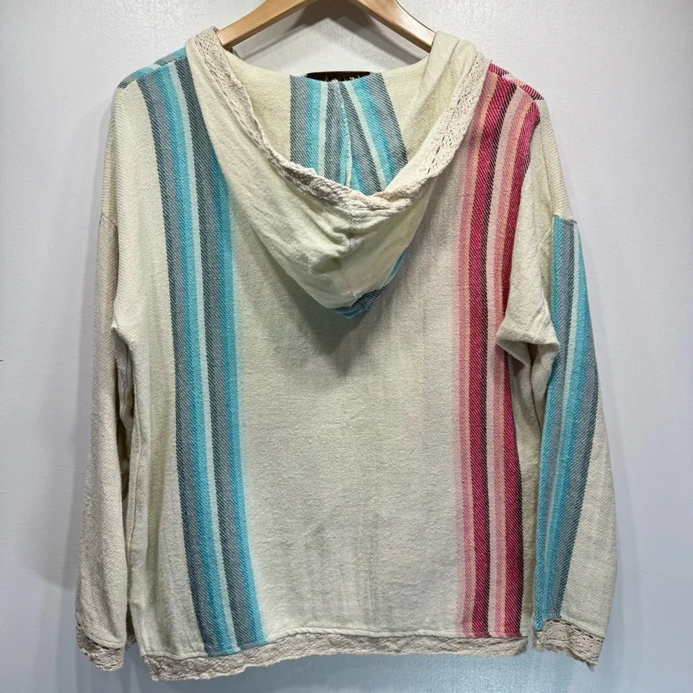 Vintage Havana 100% Cotton Striped Lace Trimmed Baja Hoodie Size Medium - Image 3