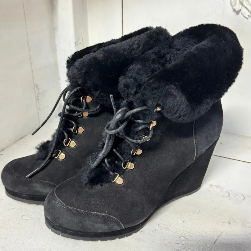 NWT L.K. Bennett Cecily Suede Shearling Ankle Wedge Boots Black Women's 38.5 - Image 2