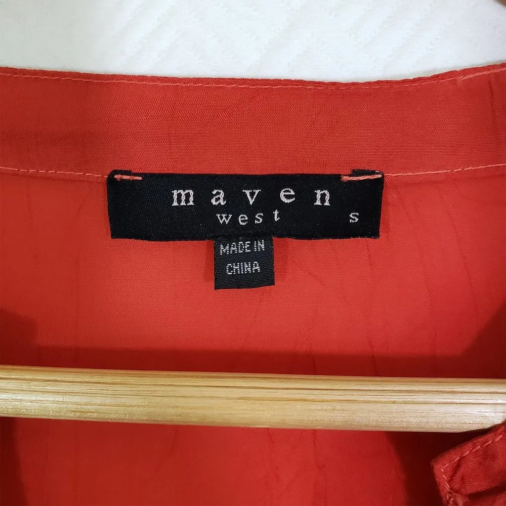 MAVEN WEST Anthropologie Small Red Semi-Sheer, V-Neck, Ruffle, Oversized Top - Image 5