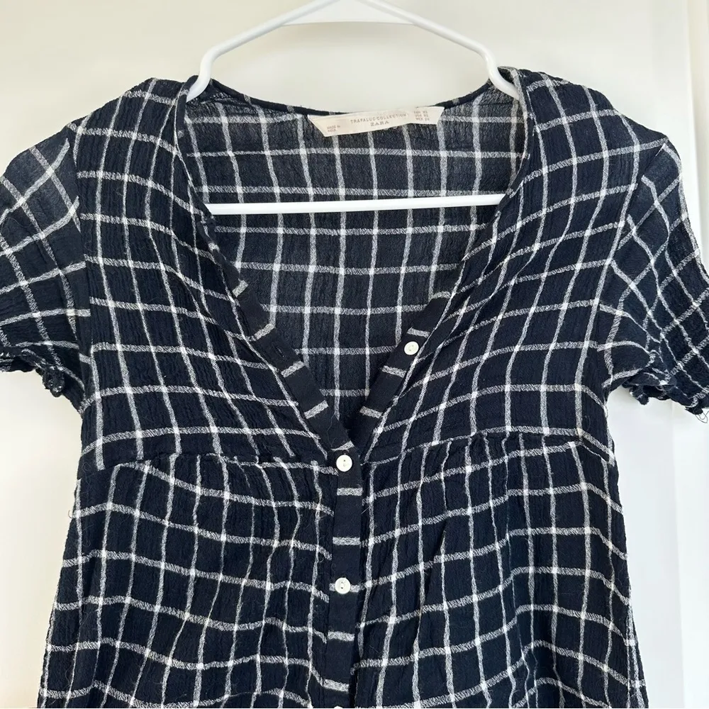 Zara Trafaluc Blue White Button Down Plaid Check Shirt Dress Romper Jumpsuit XS - Image 8