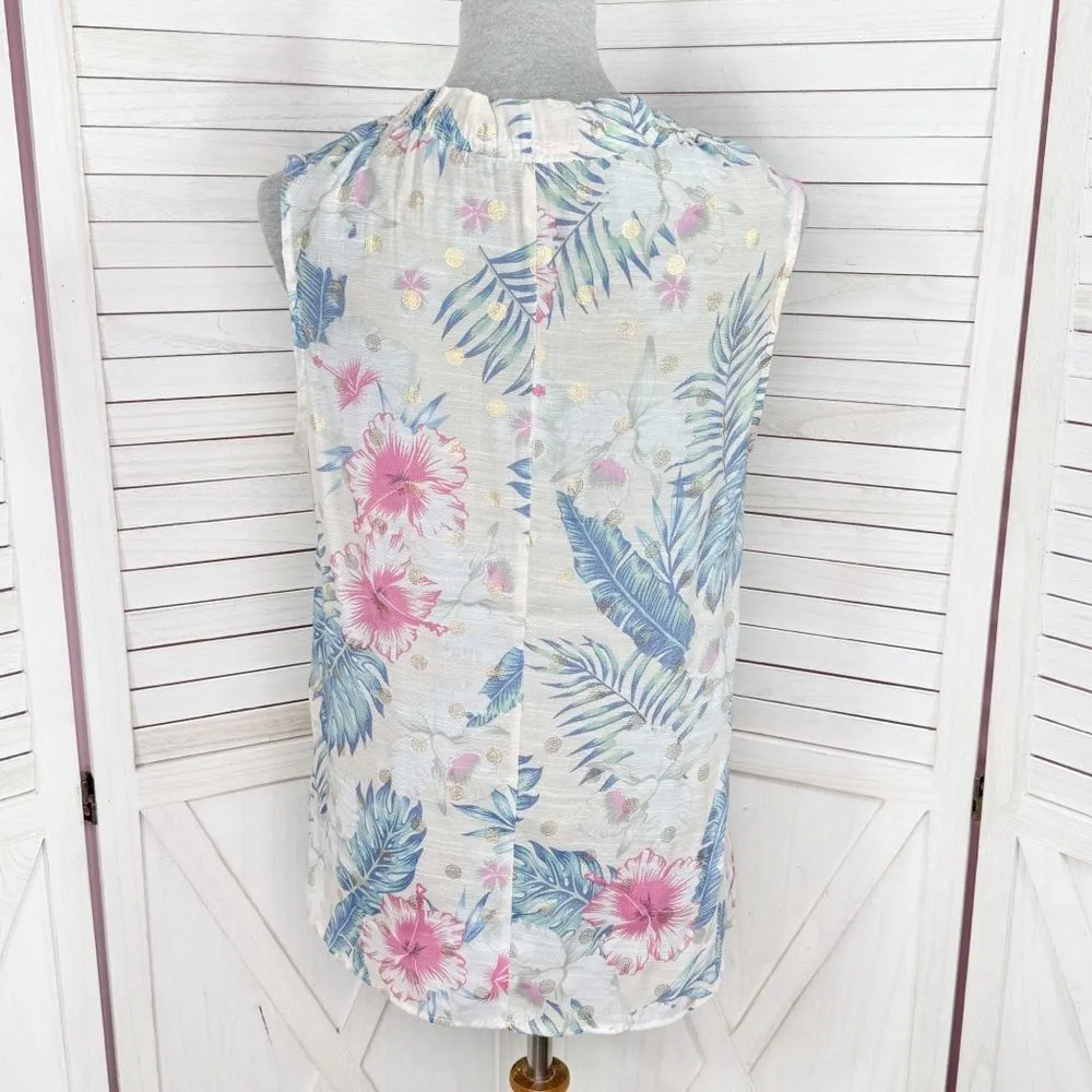 Harve Bernard Tropical Print Tie Neck Sleeveless Blouse White Multi Medium - Image 4