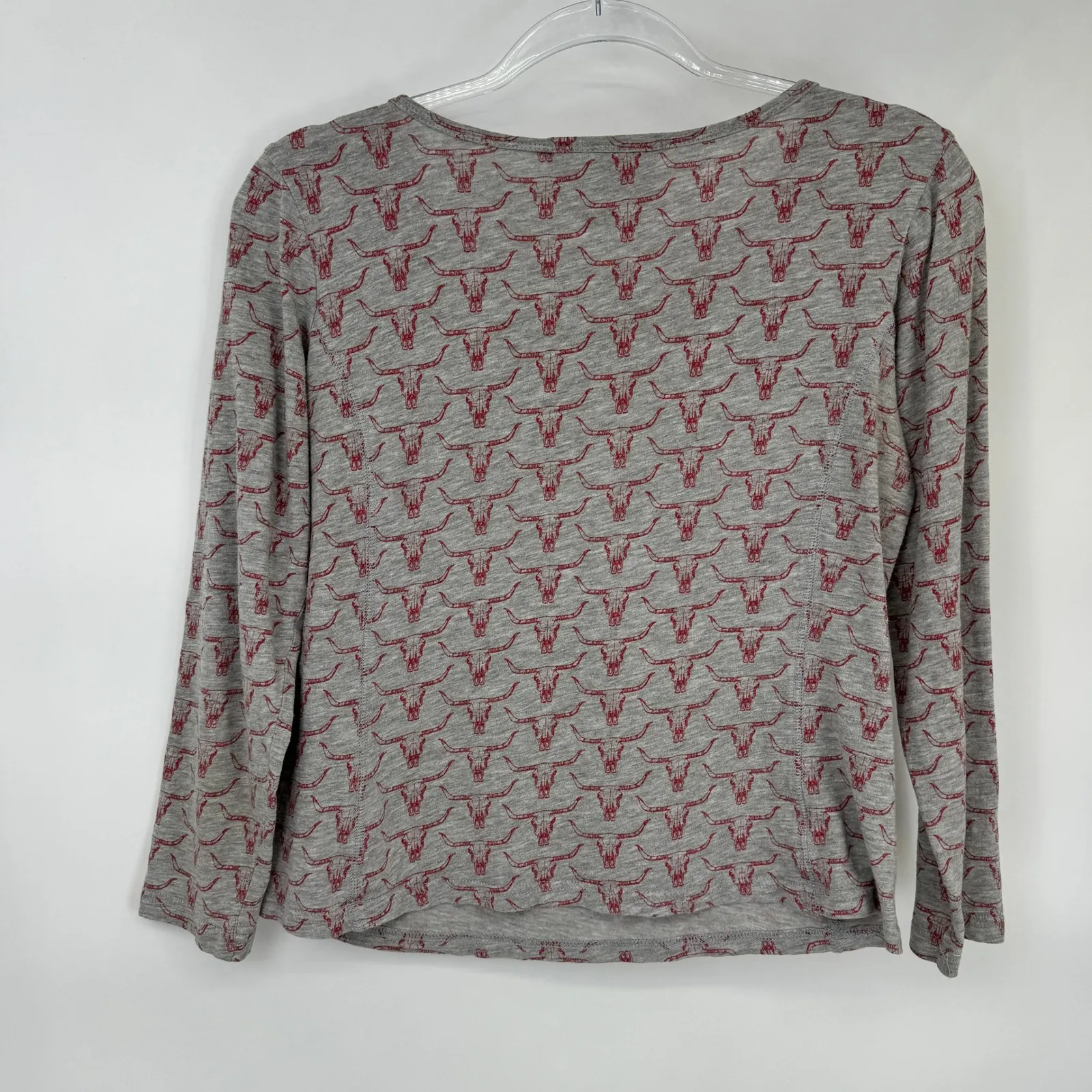 ARIAT Long Sleeve Bull Skull Henley Shirt Womens Small Gray Red Cowgirl - Image 6