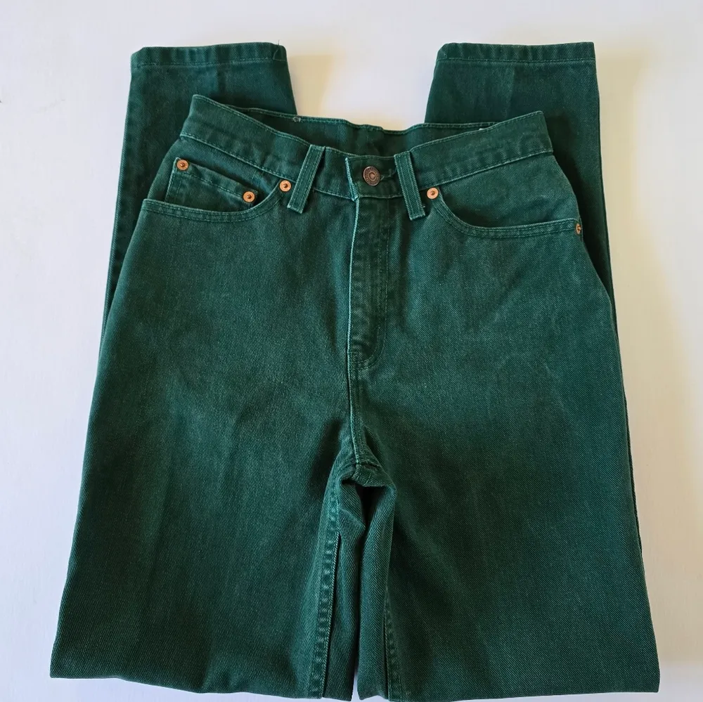 Vintage Levi's 90s Dark Green High Rise Tapered Leg Cotton Jeans Size 7 - Image 5