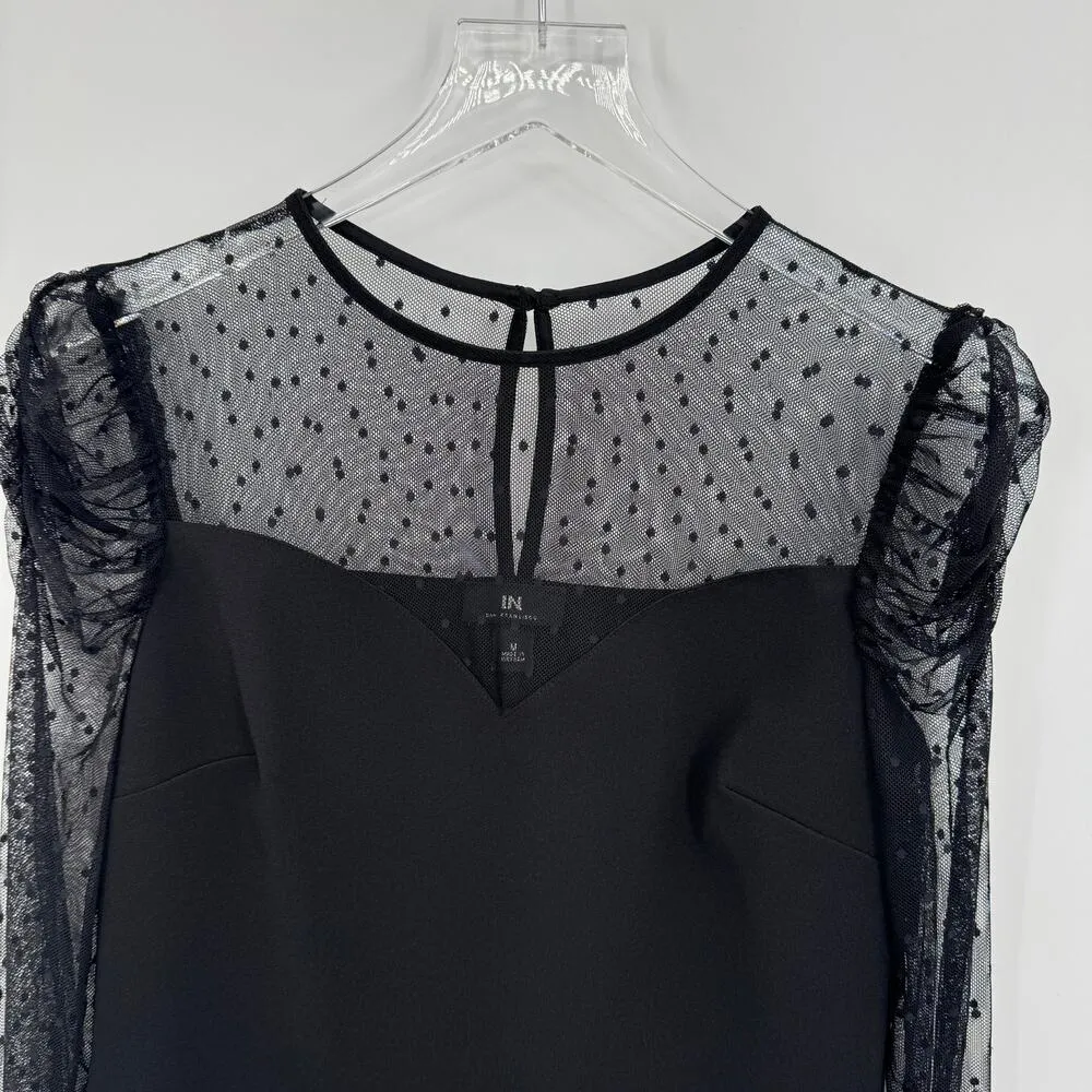 IN San Francisco blouse women's M mesh polka dot puff sweetheart stretch black - Image 2