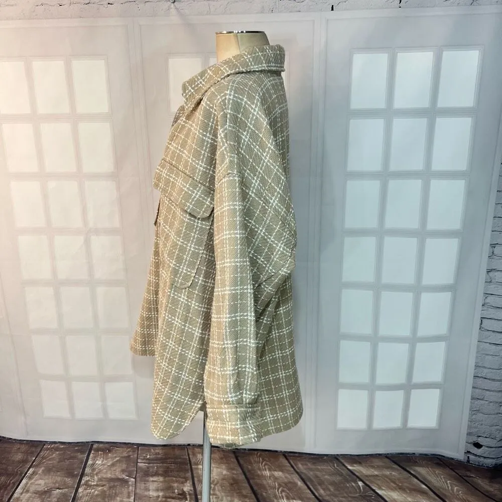 H&M Women's Tan Cream Window Pane Collared Button Down Shacket Size XL - Image 7