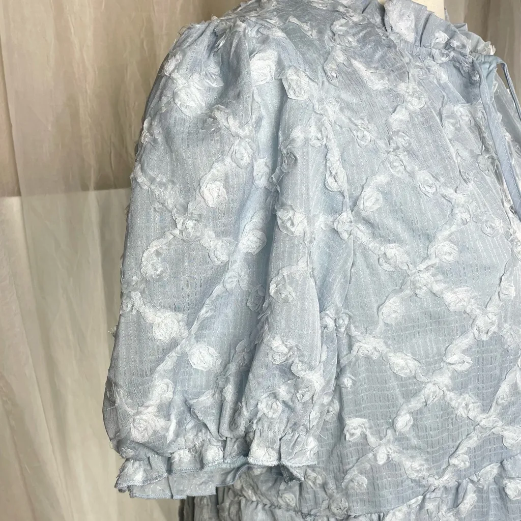 Polagram Tiered Puff Sleeve Mini Dress 2X New Tassel Empire Waist Textured - Image 4