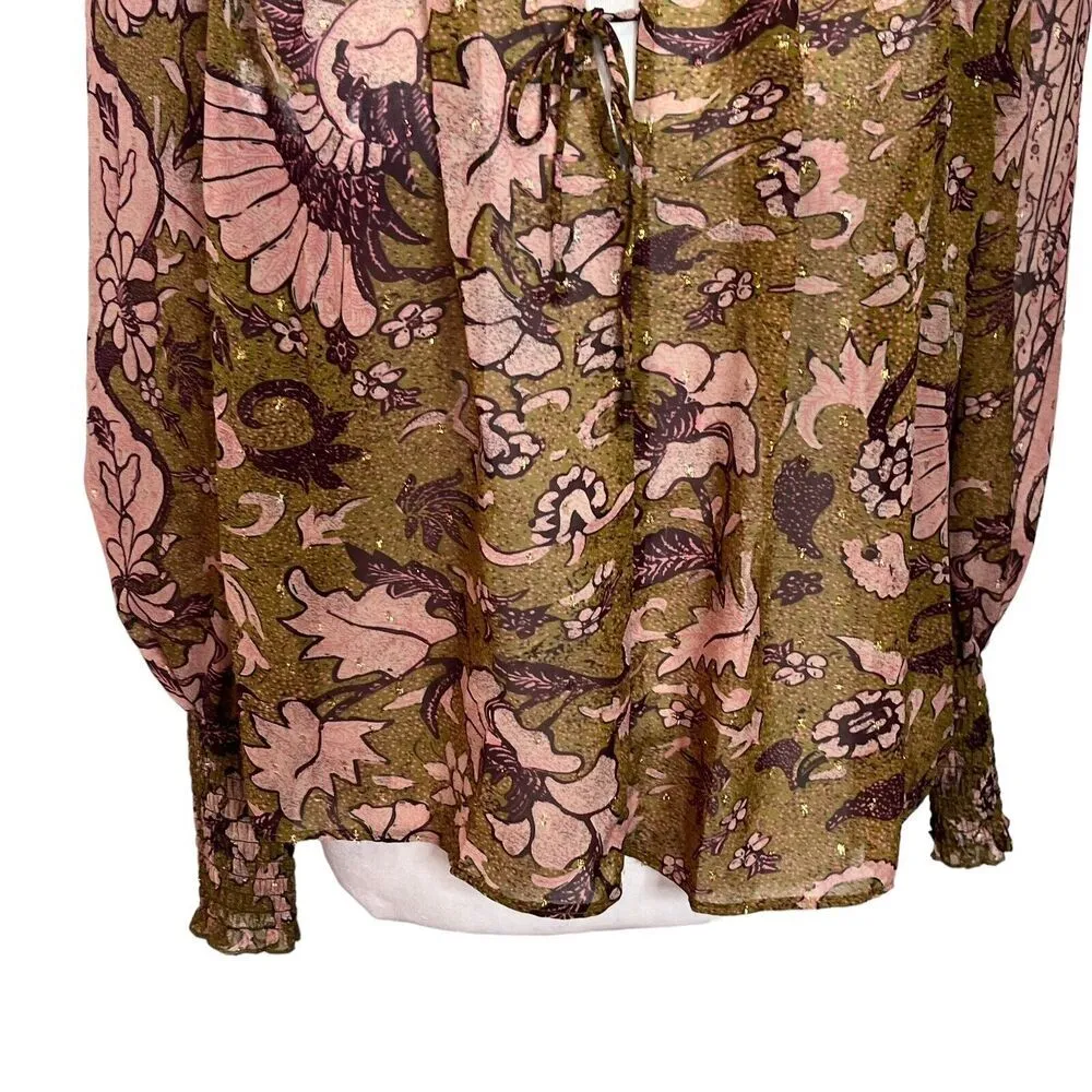 OPT O.P.T Tie Neck Long Sleeve Floral Print Blouse Semi Sheer Top Size XS Yellow - Image 3