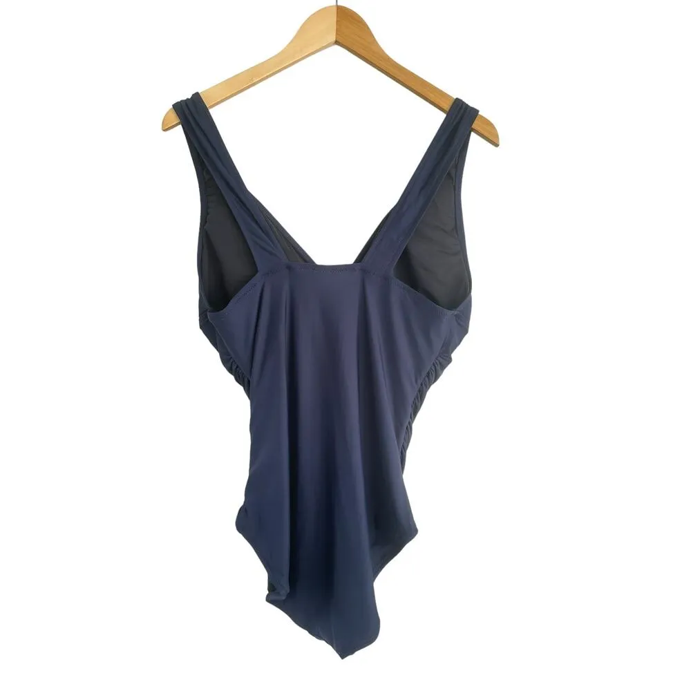 J Crew Ruched V Neck Navy Blue Full Low Cut Leg UPF 50 One Piece Swim Size 16 - Image 6