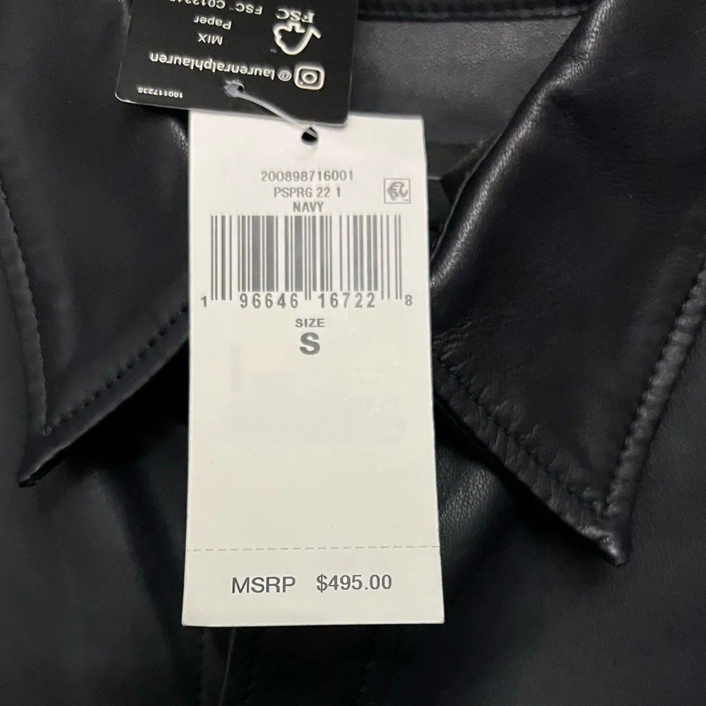 Lauren Ralph Lauren Women's Leather Relaxed Fit Stretch Shirt Navy Small $495 Blue - Image 5