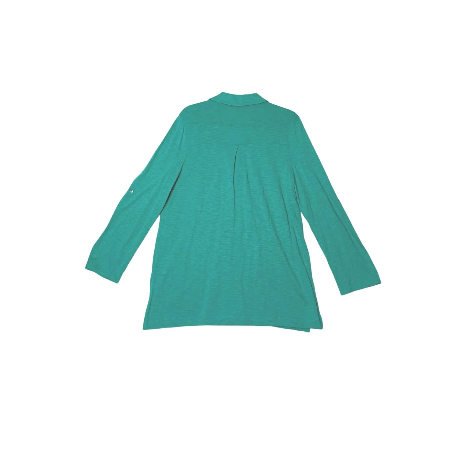 Chico's size 2 tunic button up rolled ab sleeves teal knit career modest office - Image 2