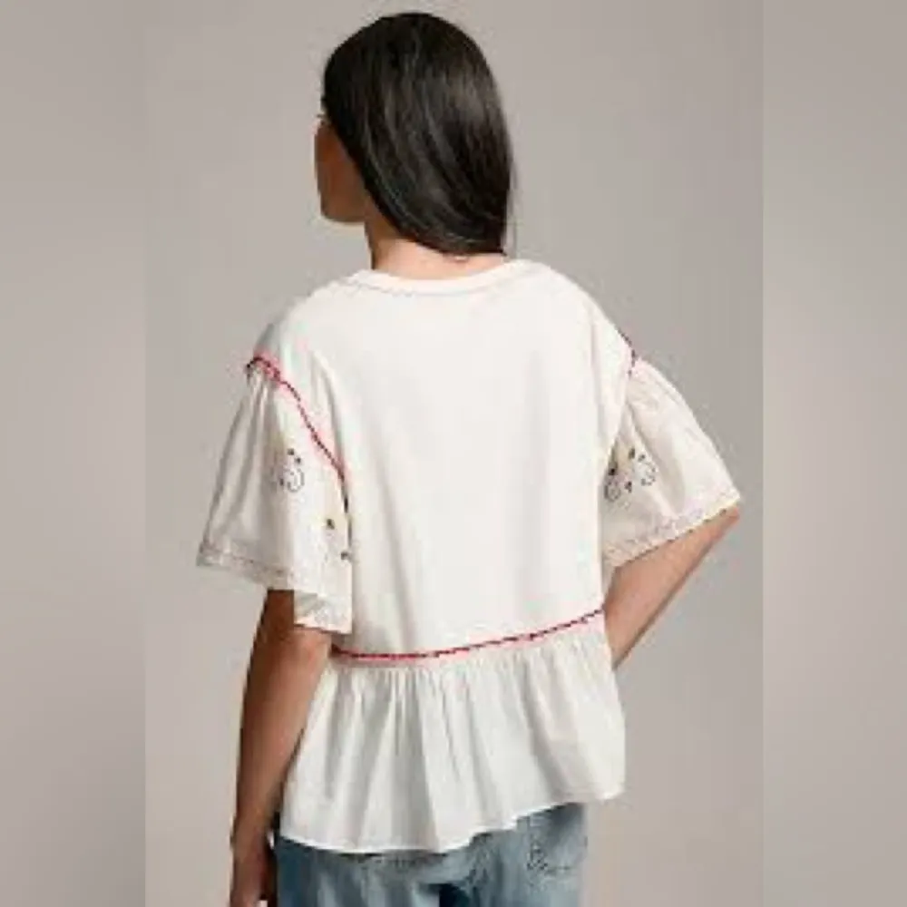 Anthropologie White Peplum Top L Boho Floral Embroidered Ruffle Sleeve - Image 4