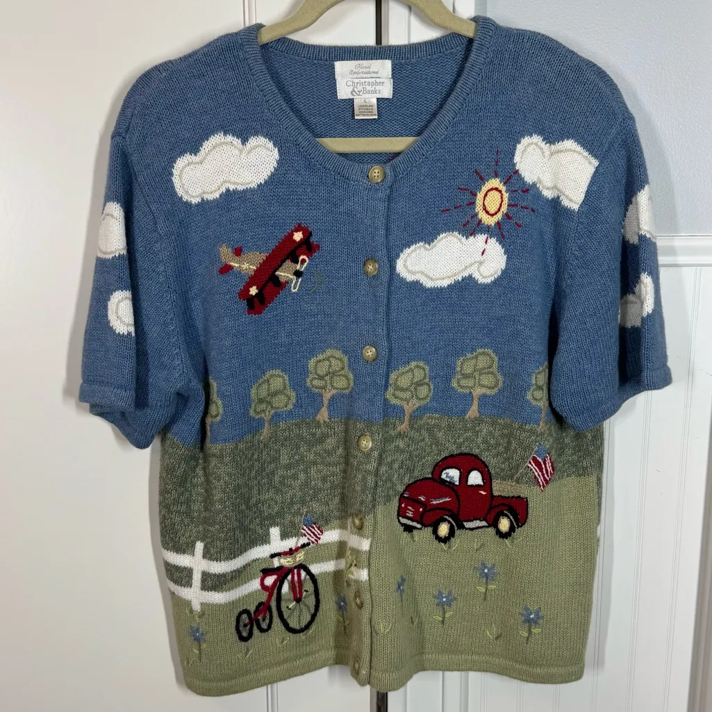 Christopher & Banks Vtg. Hand Embroidered Patriotic Novelty Short Sleeve Sweater Blue Size L - Image 1