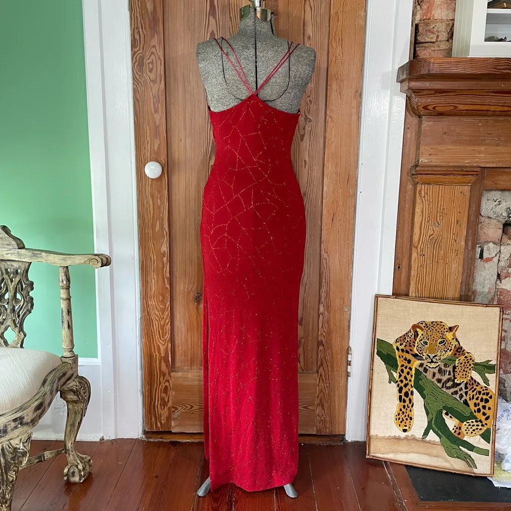 J USA Red Beaded Strappy Back Y2K Maxi Evening Dress Vintage 90’s Sz Large💛🍄 - Image 8