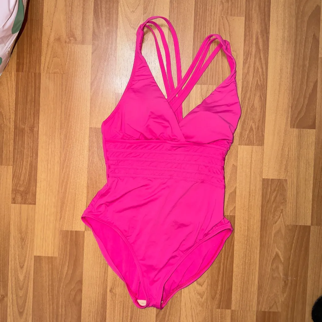 La Blanca One Piece Swimsuit Size 10 Hot Pink Ruched V Neck Strappy - Image 2
