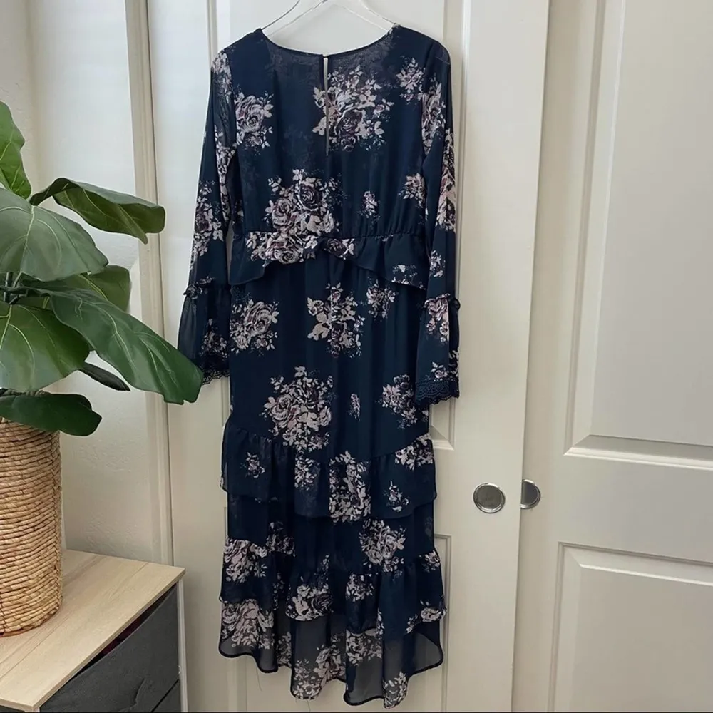 Xhilaration Navy Floral Ruffle MIDI Dress Long Sleeve Pink S - Image 13