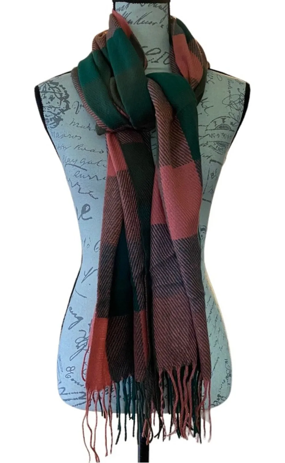Pink Grayish Green Soft Long Fringe Scarf NIP - Image 1