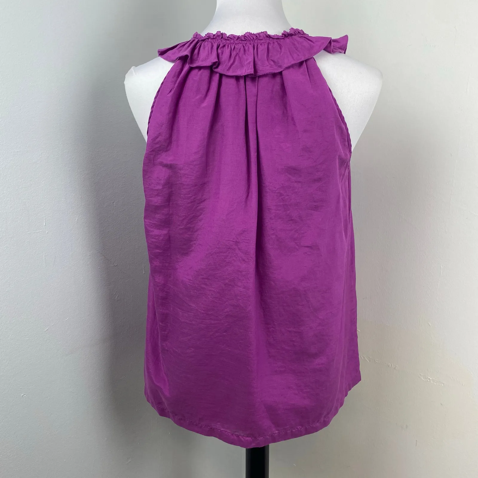 J.Crew Purple Silk Lydia Ruffle Neck Sleeveless Blouse Small - Image 4