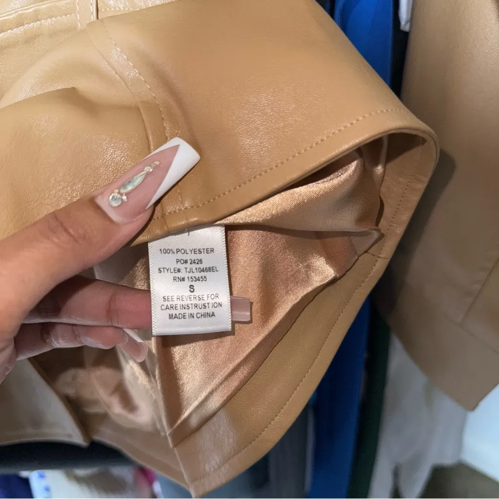 JLUXLABEL Camel Faux Leather One Button Front Belted Blazer Jacket - Image 8