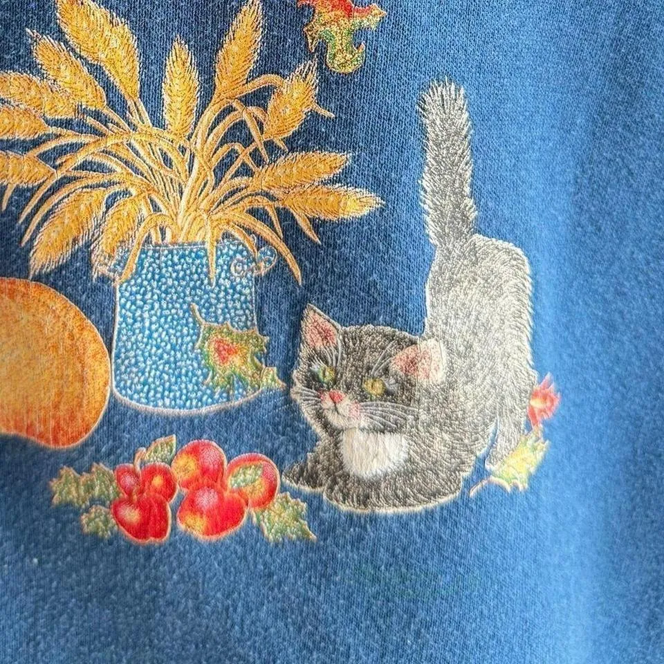 Vintage fall scarecrow sweatshirt made in USA 2X fall pumpkins cat see photos Blue Size XXL - Image 7