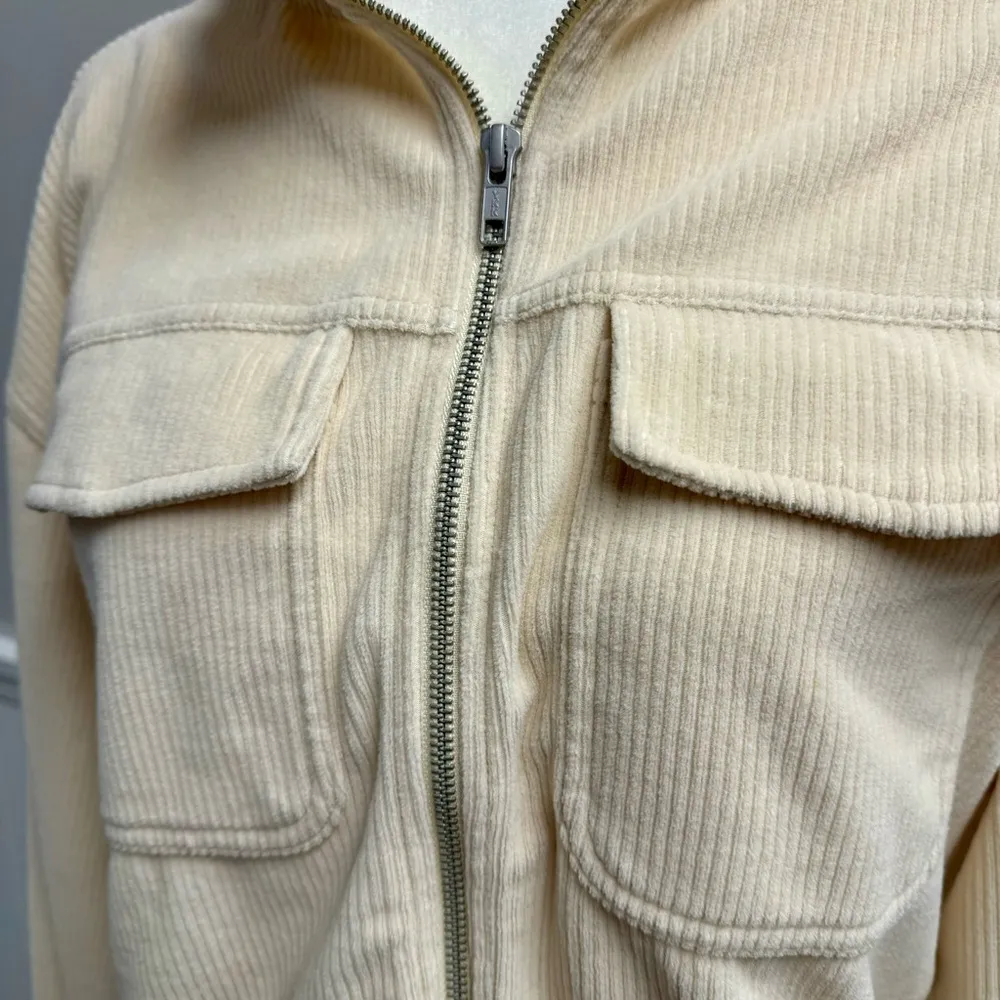 Aerie Groove On Velour Corduroy Full Zip Ribbed Cropped Sweatshirt Cream Medium - Image 6