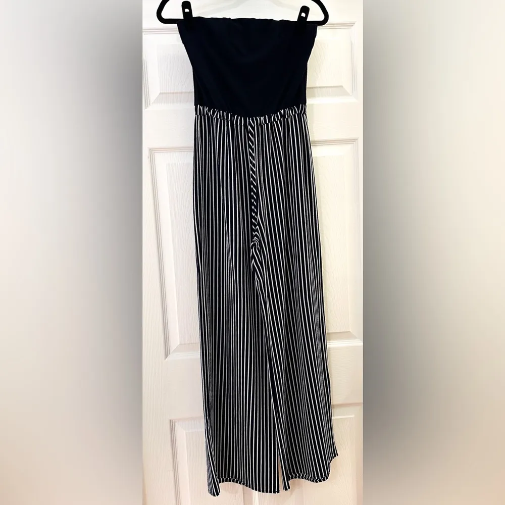 Shop 17 Strapless Wide leg Jumpsuit Striped Navy Blue White sz Small - Image 2