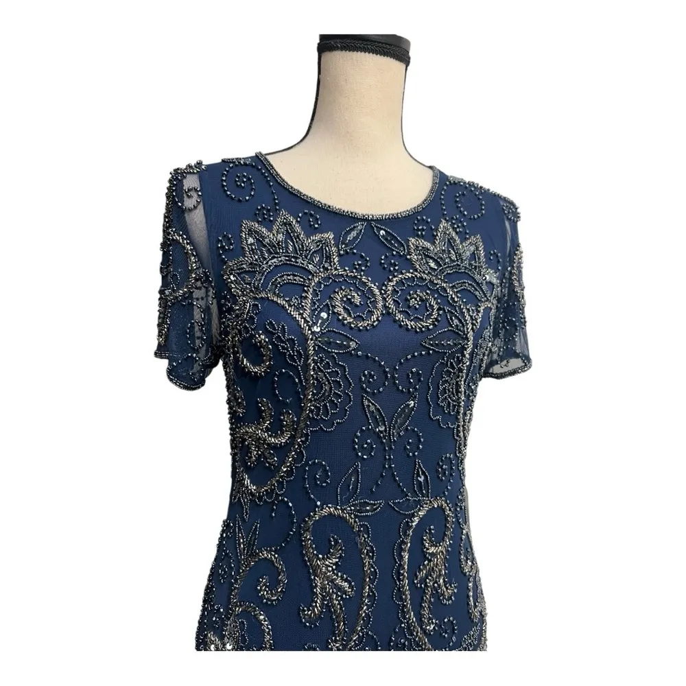 Pisarro Nights Blue Midi with Embellish Beaded Illusion Neck Dress Size 8 - Image 3