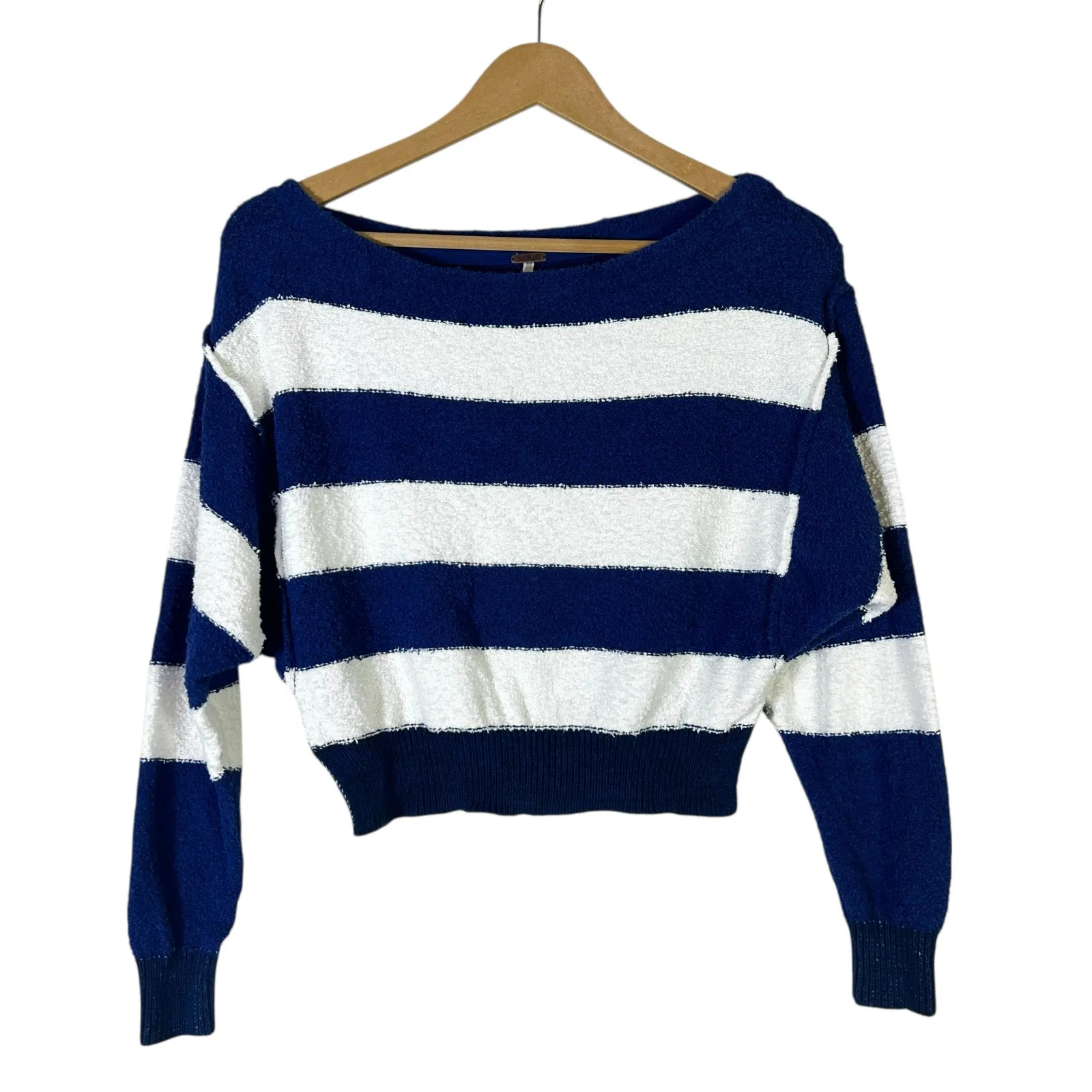 Free People Candy Land Striped Cropped Sweater Womens XS Blue White Coastal Boho - Image 2
