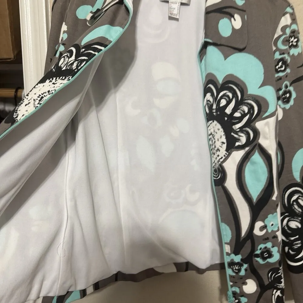 Joseph Ribkoff Full Zip Jacket Retro Size M/ 12 Bold Gray & Aqua Floral Career - Image 4
