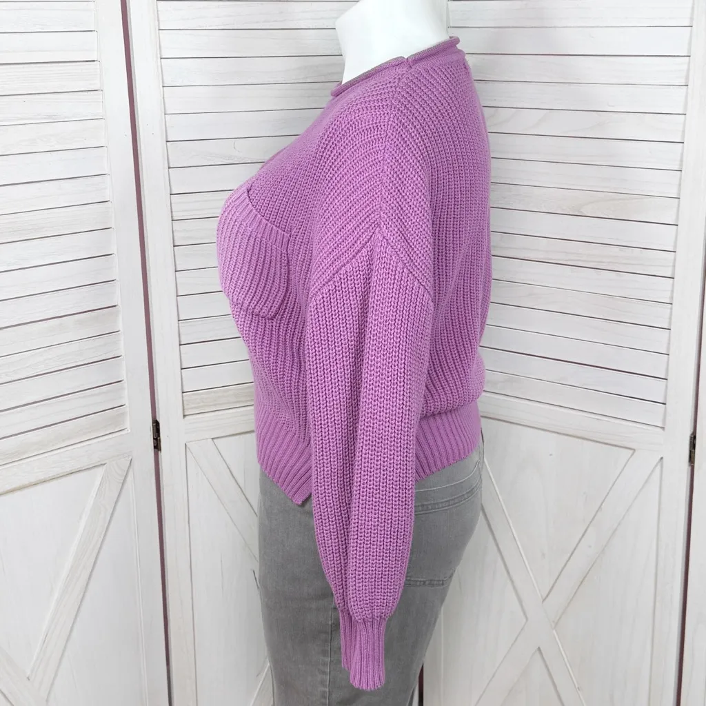 Moon & Madison Ribbed Shaker Knit Rolled Collar Pocket Crop Sweater Purple Large - Image 2