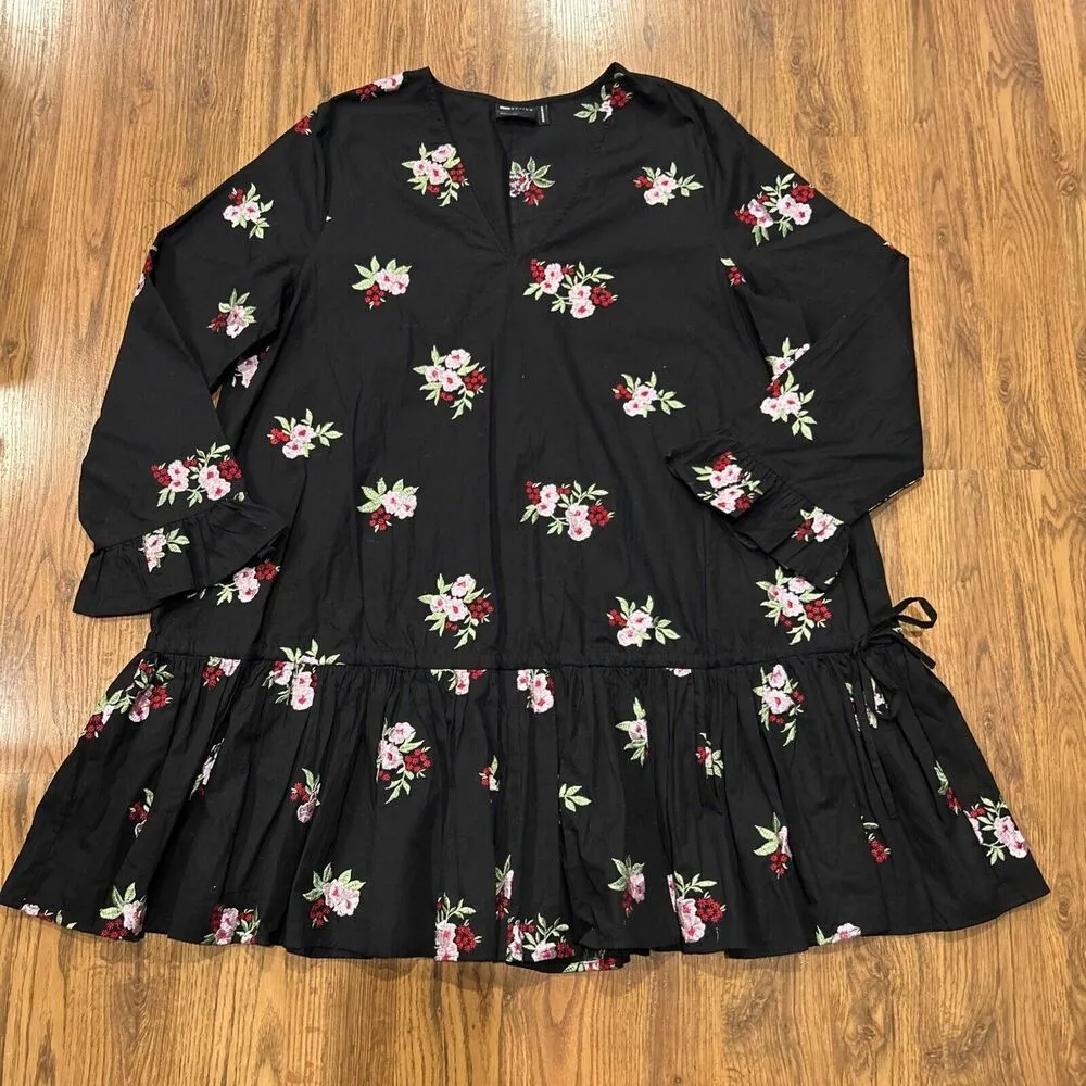 Asos Dress Womens 14 Black Floral Embroidered Mini Tunic Pink Red Tiered - Image 2