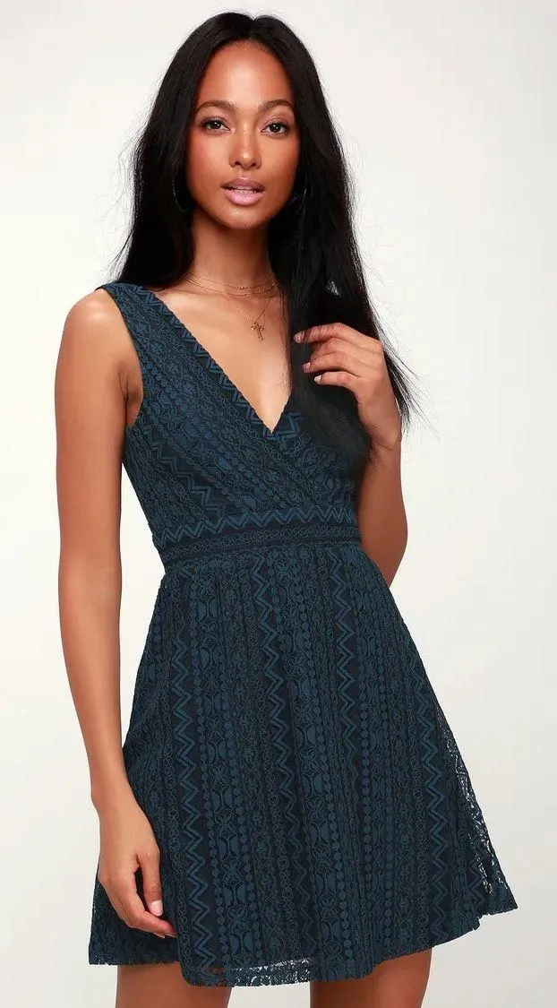 Navy Blue Lace Skater Dress - Image 2