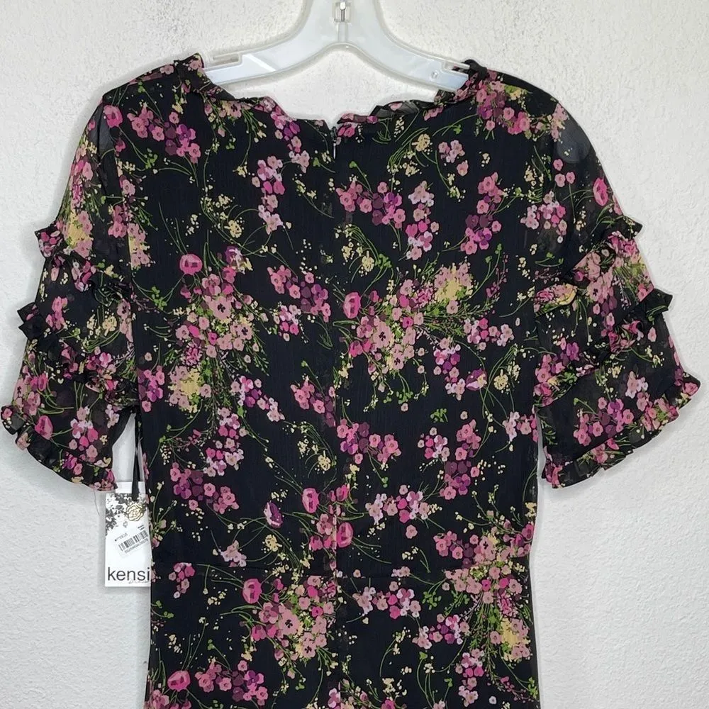 KENSIE FLORAL HI LOW RUFFLED HEM FIT & FLARE DRESS - Image 8