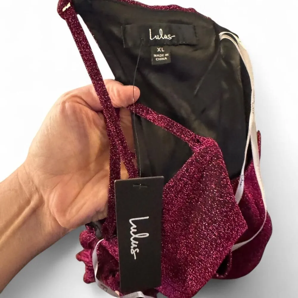 Lulus Party Era Magenta Sparkly Lace-Up Pleated Skater Dress Sz XL NWT - Image 7