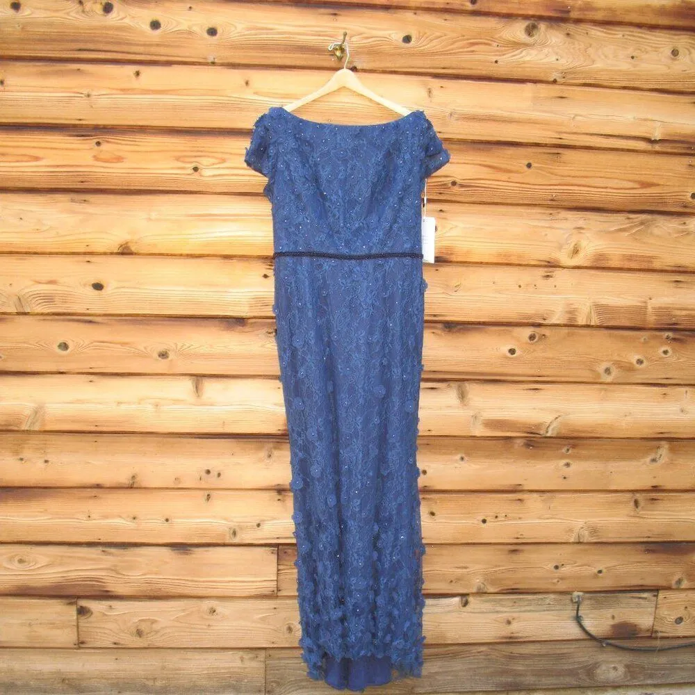 MAC DUGGAL 67711 Navy Floral Applique Boat Neck Cap Sleeve Gown - Image 6