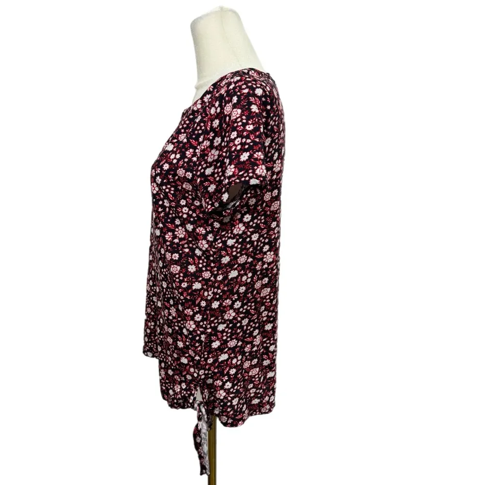 TALBOTS Women's Navy Red Floral Linen Cotton Short Sleeve Shirt Tie Hem Sz SP - Image 4