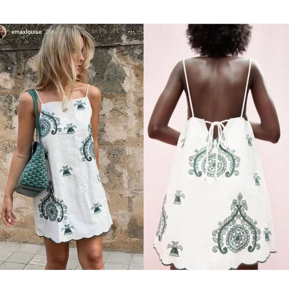 ZARA  Cotton Embroidered Rope Mini Dress Medium Shift Oversized Boxy 6895/058 - Image 14