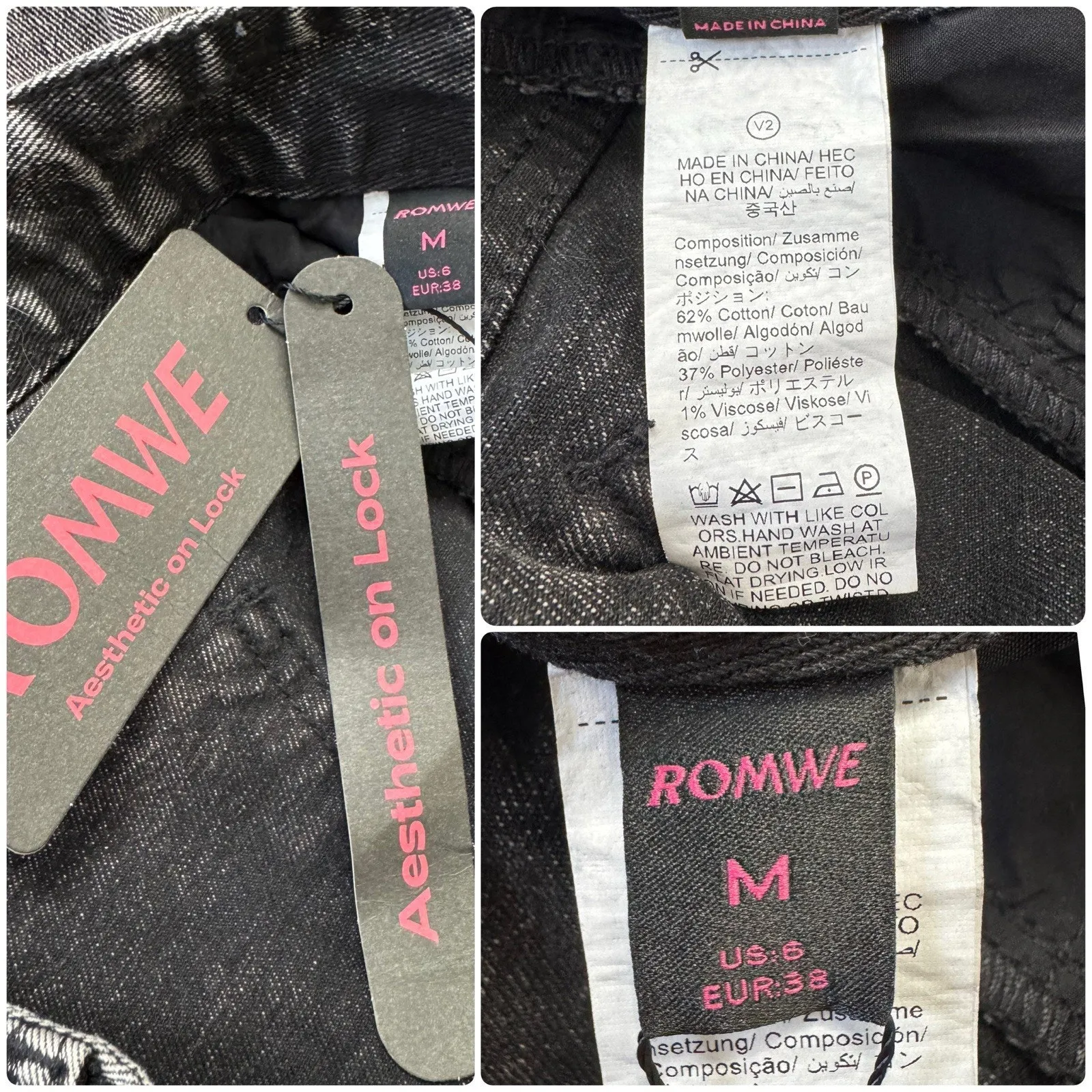 ROMWE Vintage Washed Skull Butterfly Tattoo Black Jeans Goth Grunge Punk Size M - Image 9