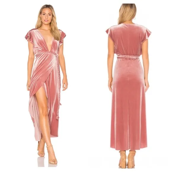 MISA Los Angeles Carolina Pink Crushed Velvet Ruffle Wrap Maxi Dress Small - Image 2