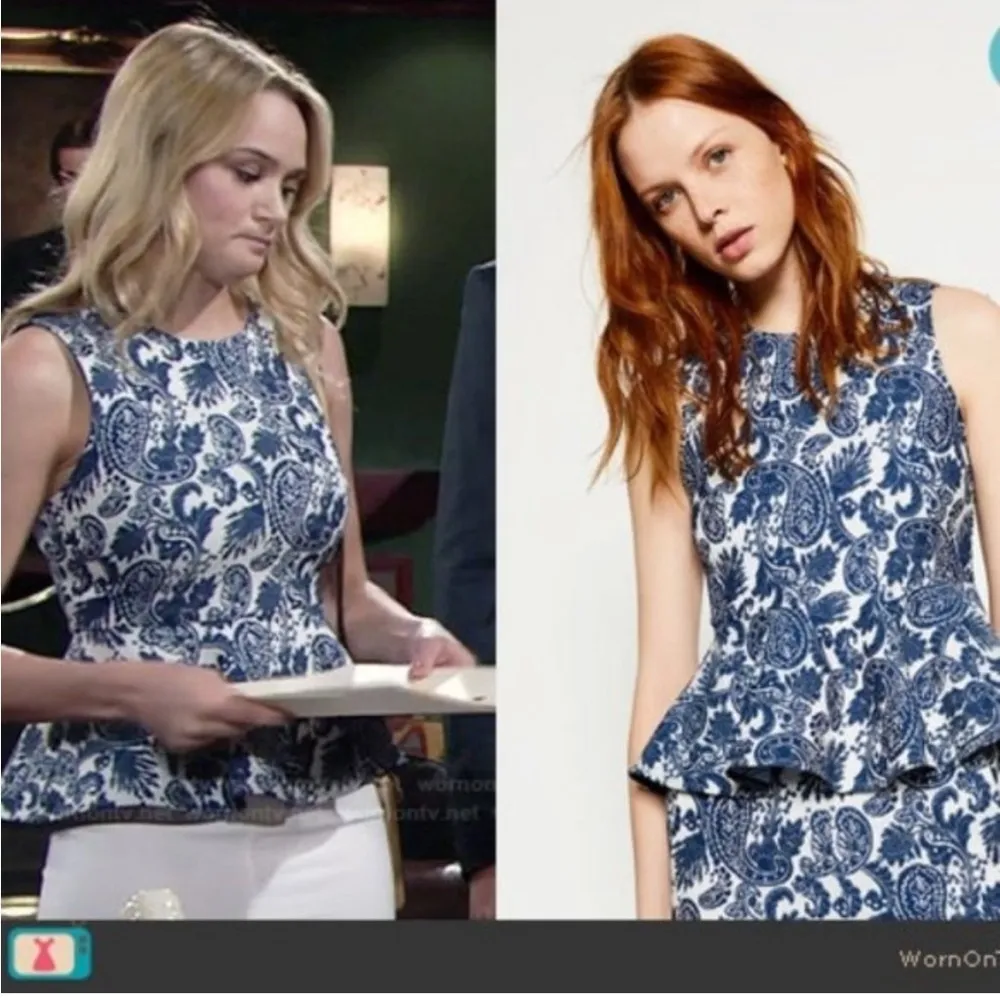 Zara Jacquard Textured White Blue Paisley Peplum Sleeveless Embroidered Top S - Image 4