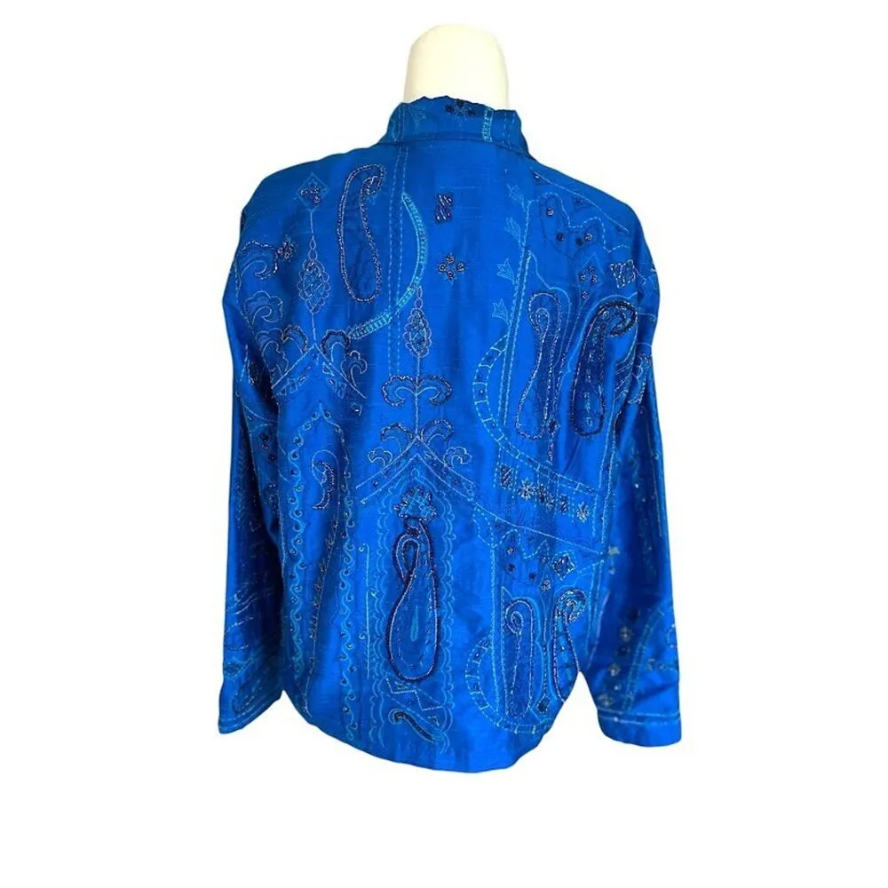 CHICOS 100% Silk Blue Beaded Blazer Artsy Button Lined Embroidered Office Small - Image 4