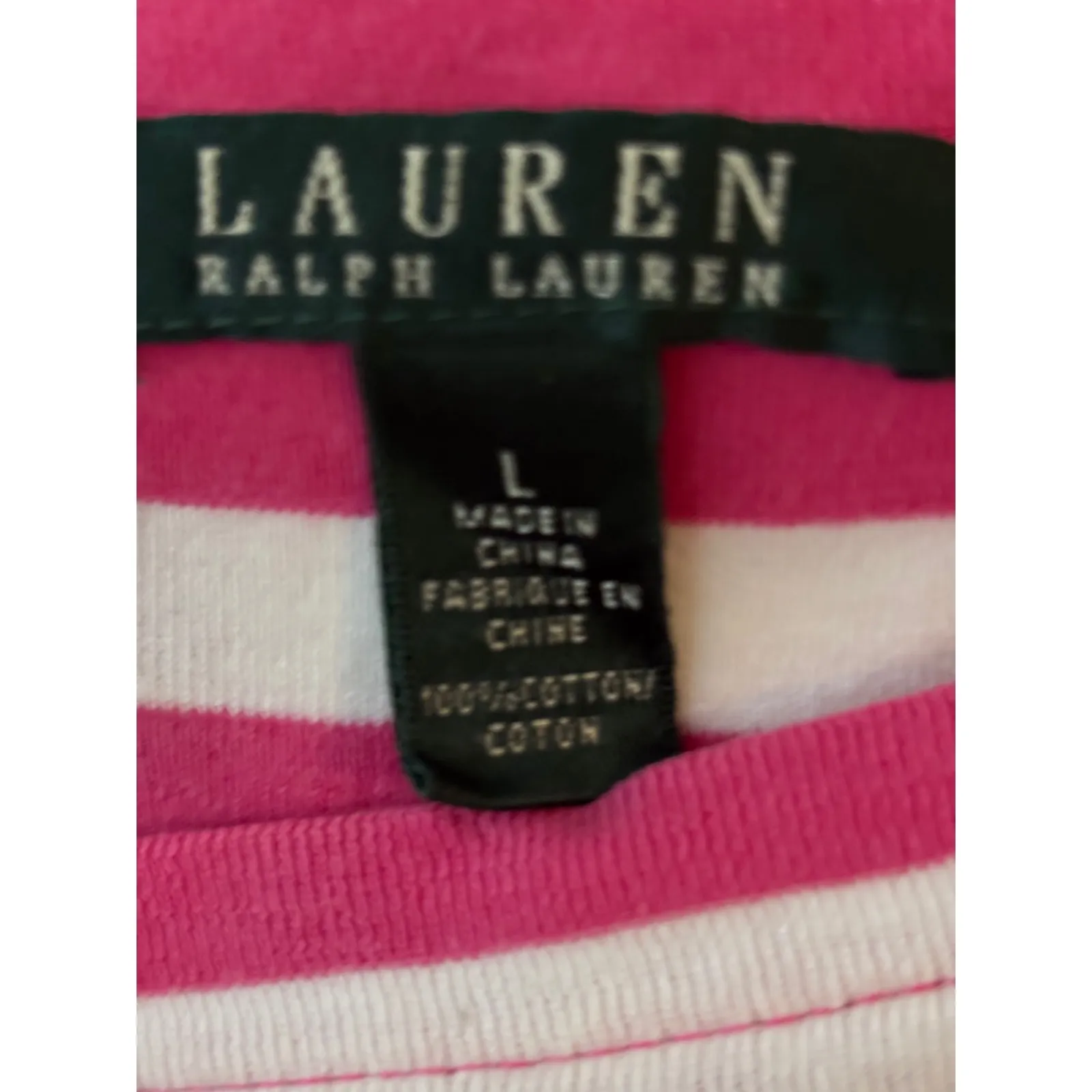 LAUREN RALPH LAUREN Women's Pink White Striped Boat Neck Top Size L Cotton - Image 3