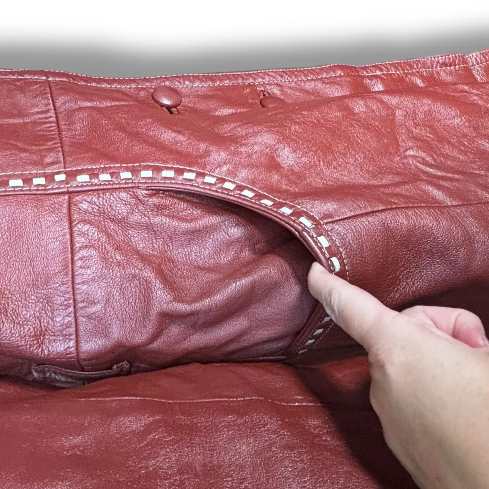 Vintage 70s Burgundy Leather Longline Trench Coat White Whipstitch Western Ranch Red - Image 8