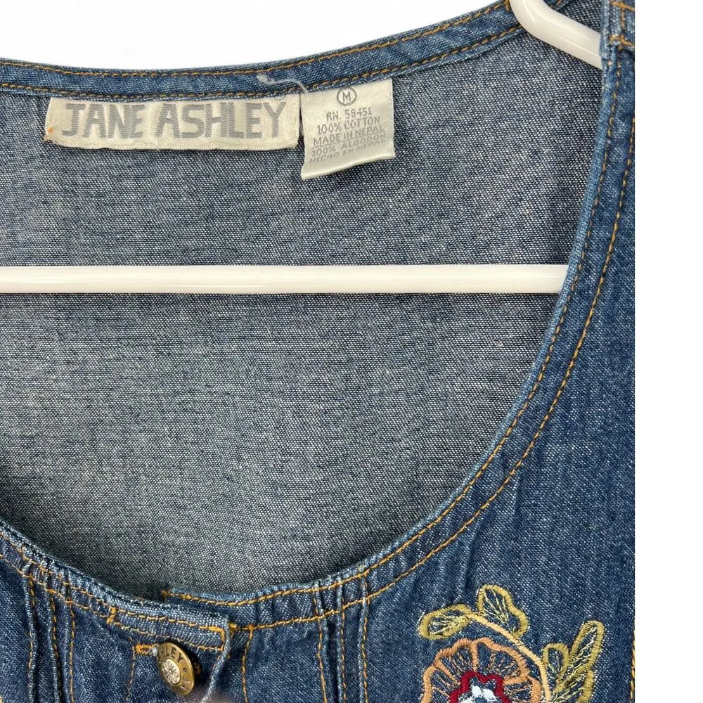 Vintage 90's Jane Ashley | M | Denim Jean Dress Embroidered Midi Women's Blue Size M - Image 3